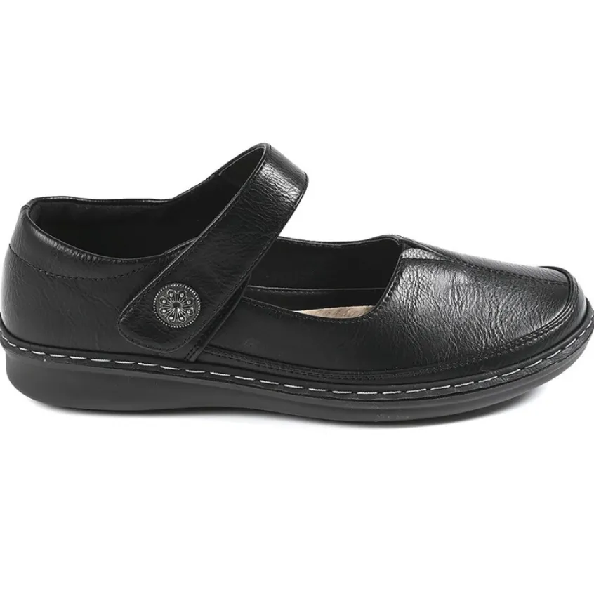 Chaussures Confort|LADY CONFORT Ballerines A Brides Femme Noir Avec Boutons Fantaisies