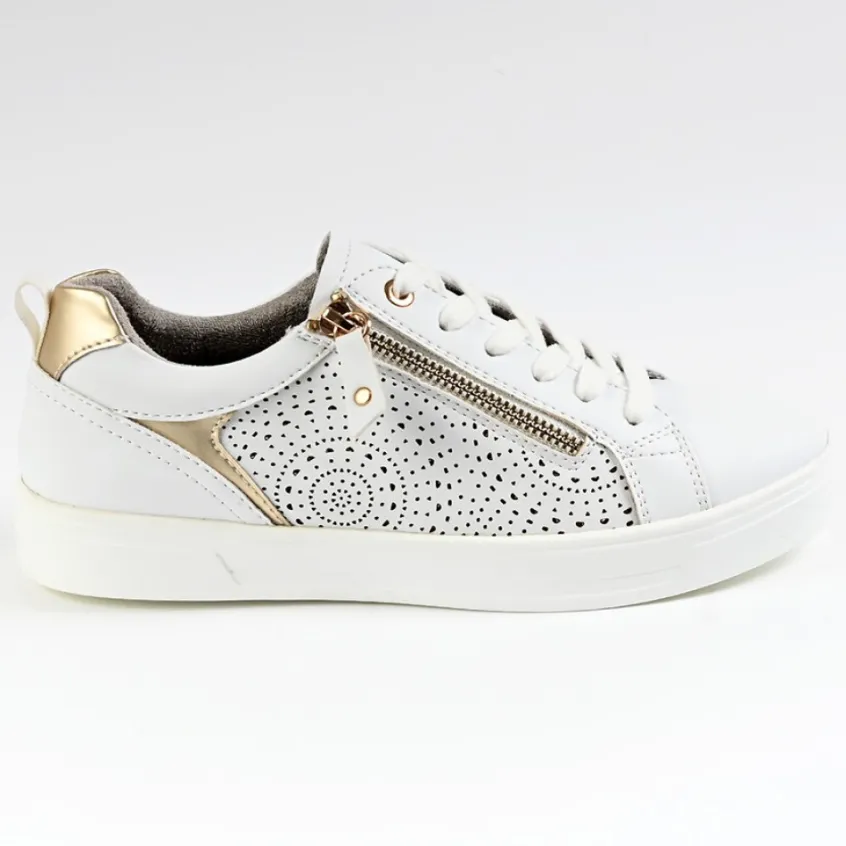 Chaussures Confort|SCALINA Baskets Confort Femme Blanc Et Dore