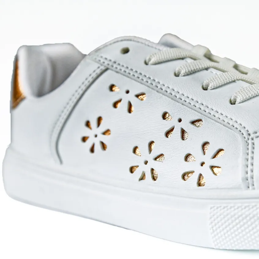 Baskets, Sneakers|STREET LIFE Baskets Femme Blanc Perforees Motif Fleurs