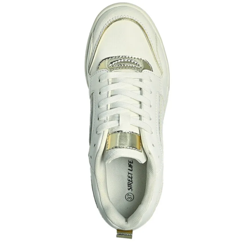 Baskets, Sneakers|STREET LIFE Baskets Plateforme Femme Blanc Et Dore
