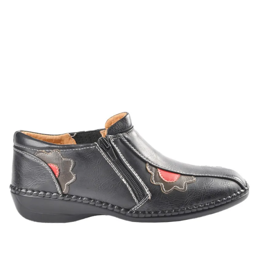Chaussures Confort|LADY CONFORT Bottines A Talons Motifs Fleurs Noir
