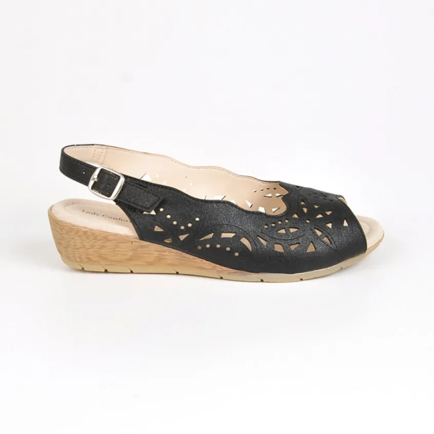 Chaussures Confort|LADY CONFORT Sandales Compensees Noir En Cuir