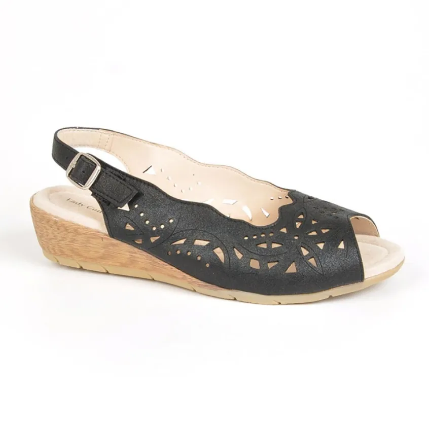 Chaussures Confort|LADY CONFORT Sandales Compensees Noir En Cuir