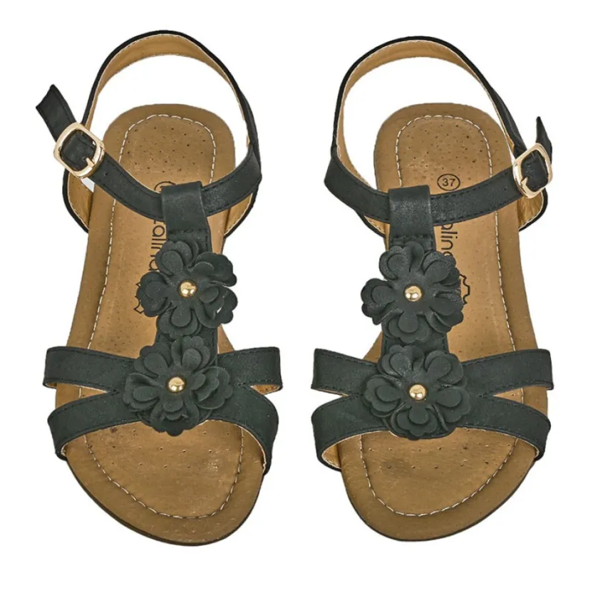 Chaussures Confort|SCALINA Sandales Confort A Talons Femme Noir A Fleurs