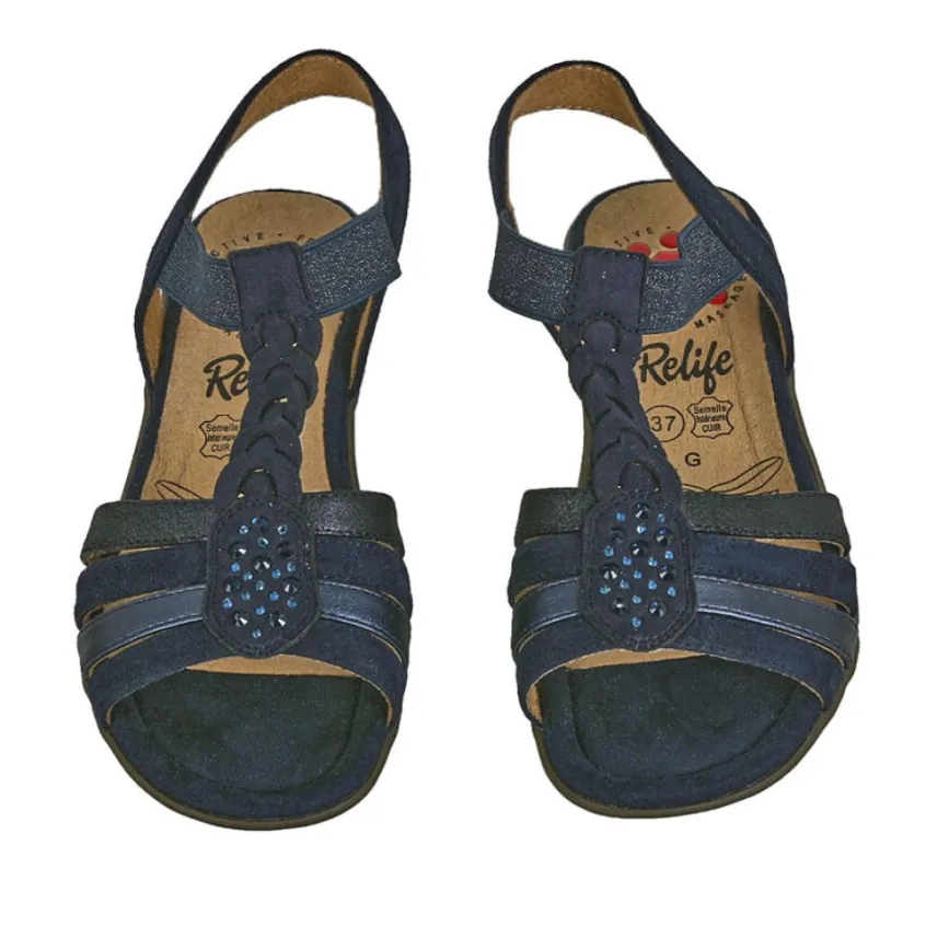 Chaussures Confort|RELIFE Sandales Plates Avec Strass Bleu